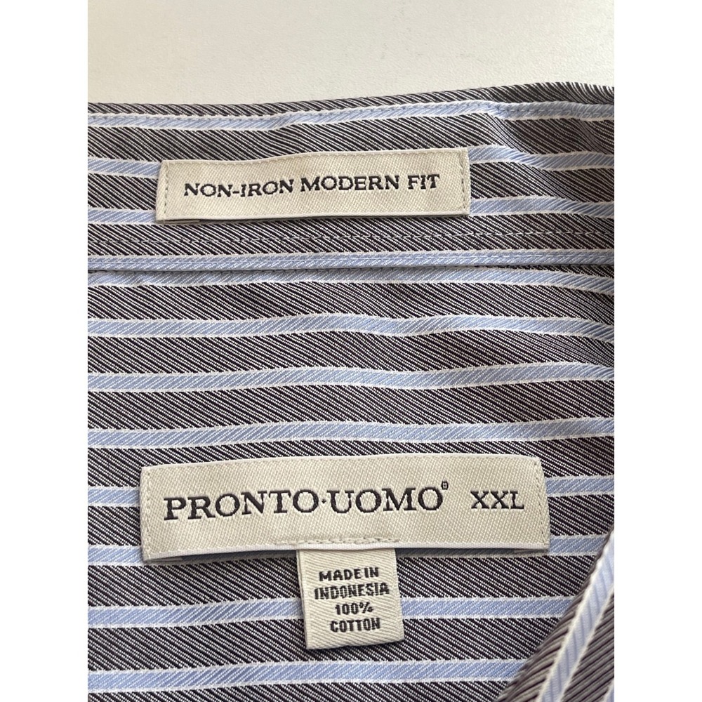 Pronto Uomo Mens XXL Dress Shirt‎ Grey Blue Striped Non-Iron Modern Fit Cotton - Picture 2 of 10